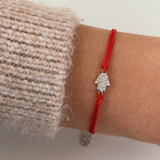 Tiny Silver Hamsa Hand Red String Bracelet