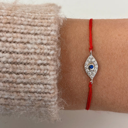 Tiny Silver Evil Eye Red String Bracelet