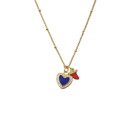 Gold chain necklace with Cz blue enamel heart and red cornicello charm