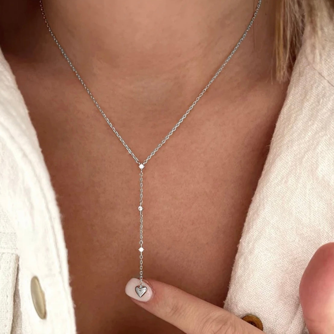 Silver Lariat Heart Necklace Cz