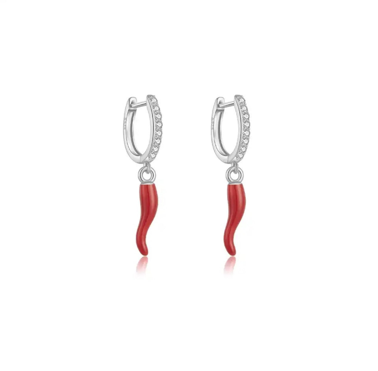 Red Cornicello Silver Earrings