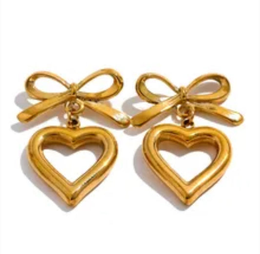 Heart Gold Bow Earrings