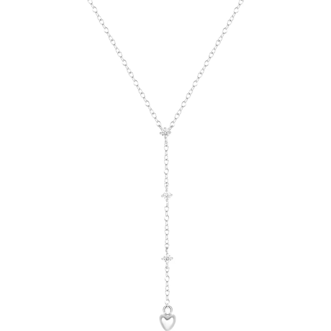 Silver Lariat Heart Necklace Cz