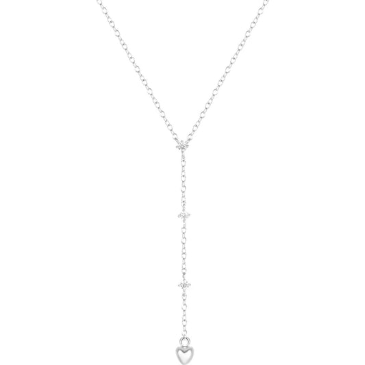 Silver Lariat Heart Necklace Cz