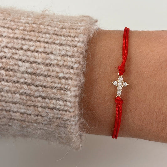 Tiny Gold Cross Red String Bracelet