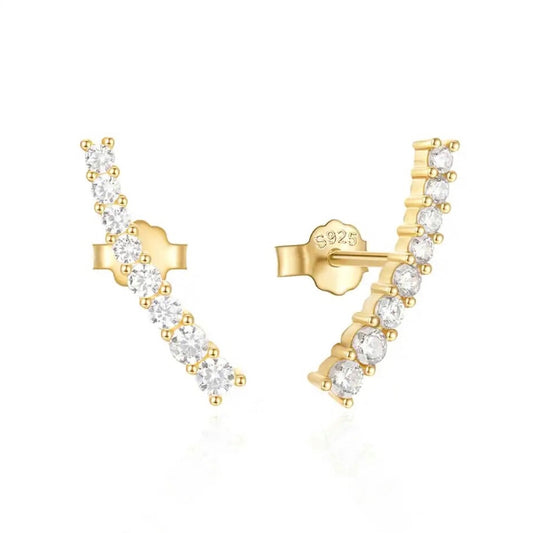 Gold Cz Curved Bar Stud Earrings