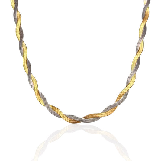 Two-tone braided herringbone necklace, water and tarnish resistant