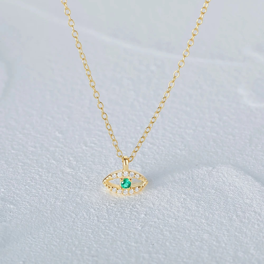 Gold Tiny Green Evil Eye Necklace