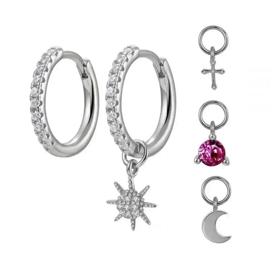 Silver Hoop Earrings Set Moon