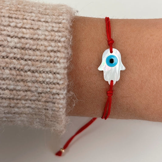 Mother of Pearl Hamsa Hand Red String Bracelet