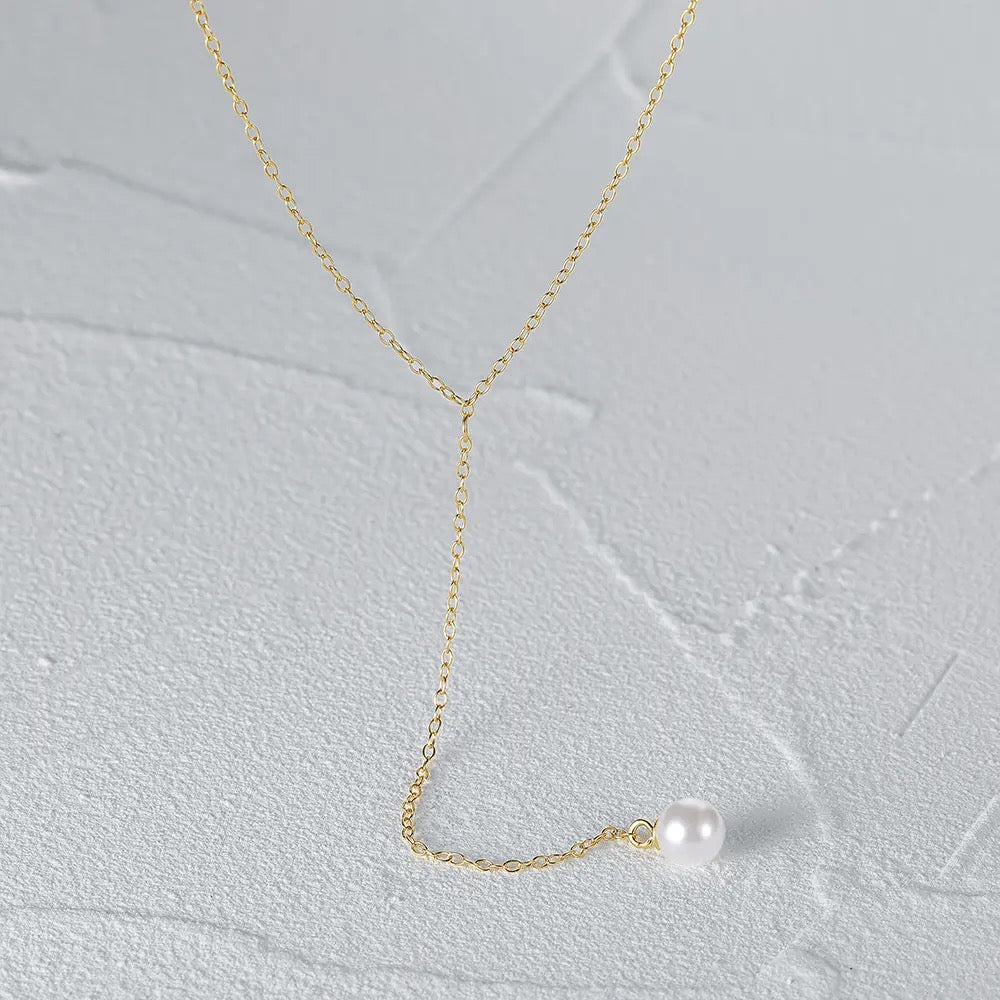 Gold Pearl Lariat Necklace