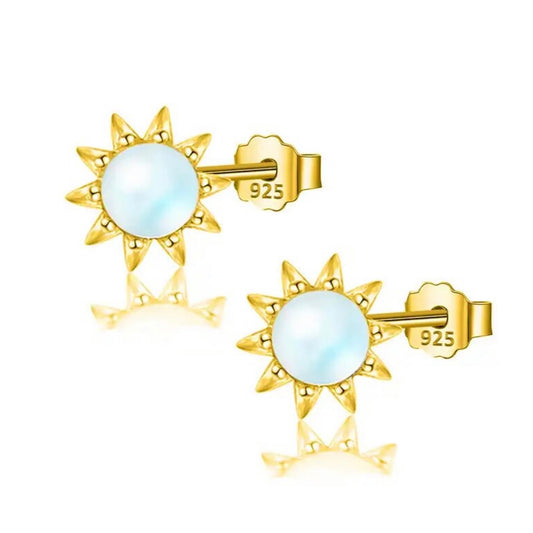 Gold Moonstone Sun Stud Earrings